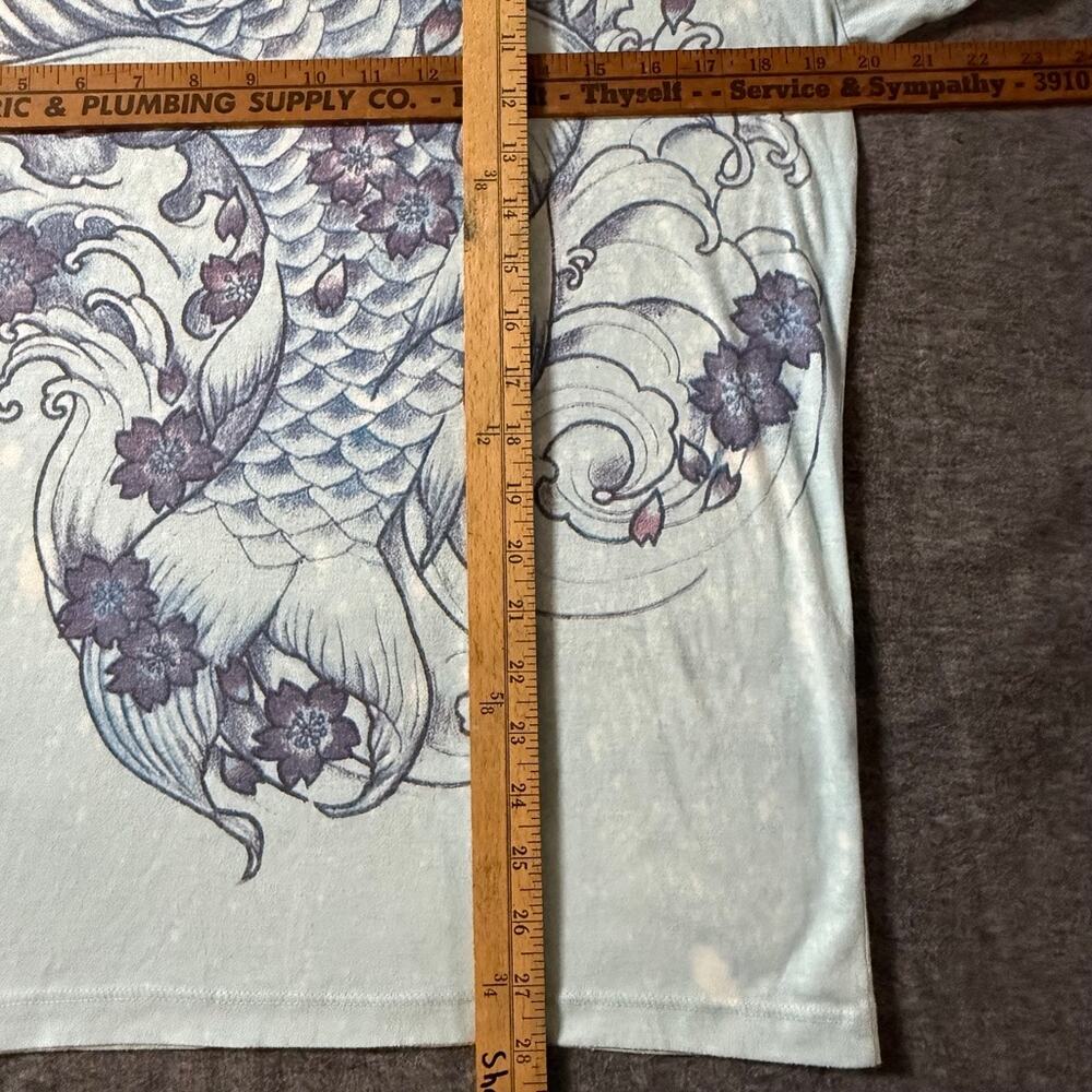 WORK Carp Koi Fish T-Shirt Men Blue White Japan Japanese Tattoo Yakuza V-Neck L - Picture 8 of 11